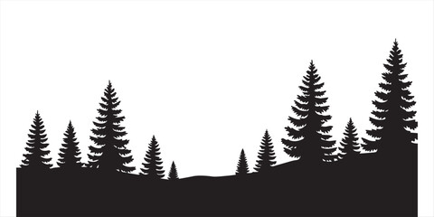 Panoramic pine forest silhouette vector illustration featuring seamless horizontal border of coniferous trees isolated on white background for nature design © Topu