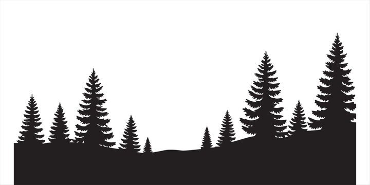 Panoramic pine forest silhouette vector illustration featuring seamless horizontal border of coniferous trees isolated on white background for nature design