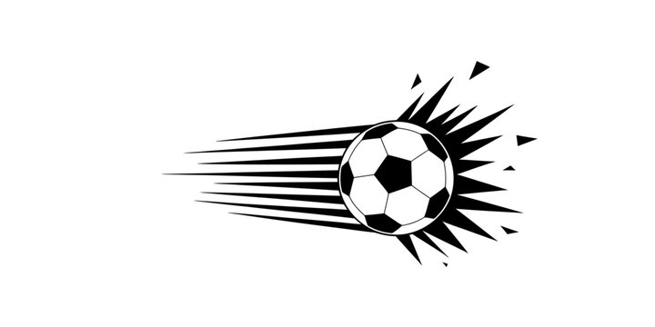 Dynamic black and white soccer ball icon with speed lines and explosive effect isolated on transparent background