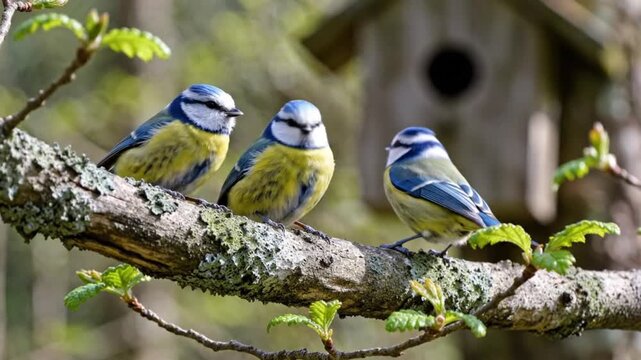 Beautiful Blue Tits Perched on a Tree Branch Interacting and Displaying with a Birdhouse in the Background