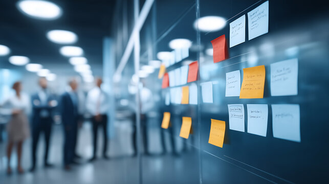 Sticky notes on a glass wall with blurred business team in the background illustrating project planning, agile collaboration and corporate strategy development.

