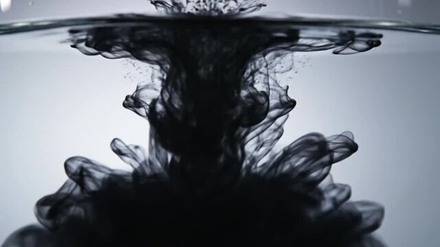 Black ink dissolving and spreading in water creating abstract patterns and textures in slow motion.