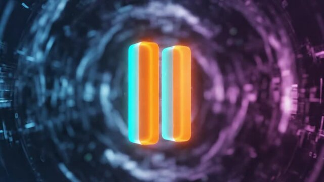 Futuristic Pause Symbol Animation with Neon and Glitch Effects in a Data Tunnel Environment