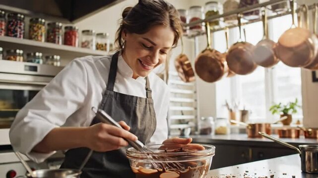 Happy chef whisking melted chocolate in a glass bowl in a professional kitchen environment
