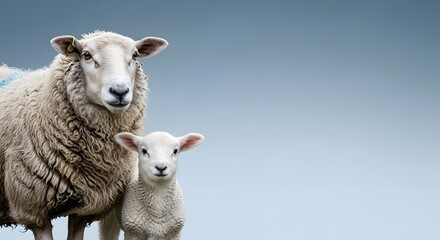 Fototapeta premium Two high-quality sheep for sacrifice on the Islamic holiday of Eid al-Adha. Side view portrait with soft lighting and minimalist blue background, suitable for religious banners and web banners
