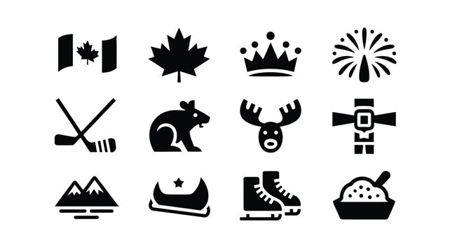 Professional vector logo bundle featuring canadian symbols like a maple leaf flag beaver and moose with icons for sports wildlife and culture