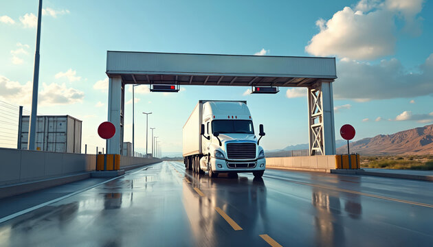 White semi truck drives through border checkpoint under clear sky. Truck passes inspection booth on wet road, heading towards mountains. Freight transport awaits customs.