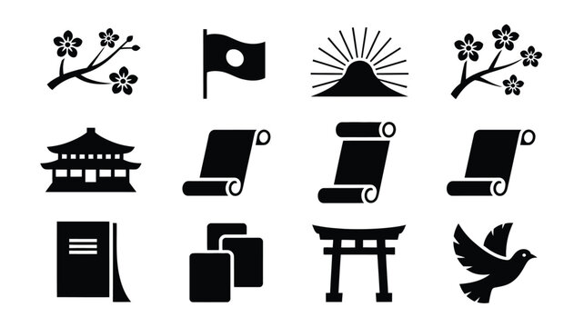 Black and white vector icons depicting japanese culture including pagodas torii gates sakura scrolls and a dove in flight