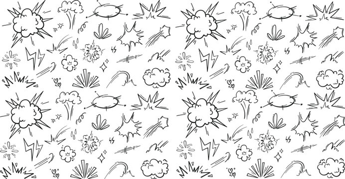 Doodle background with various comic elements. hand-drawn speech bubbles, explosions, and other graphic designs