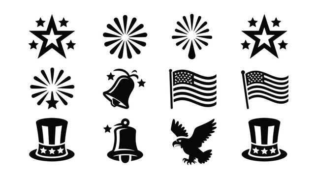 Patriotic symbols including fireworks stars american flags eagle and uncle sam hat in clean vector illustration style