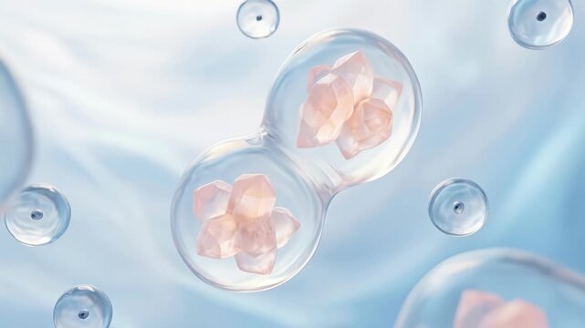3D medical animation of abstract microscopic cells dividing with crystalline nuclei structures, scientific illustration of biological mitosis and cellular regeneration process.