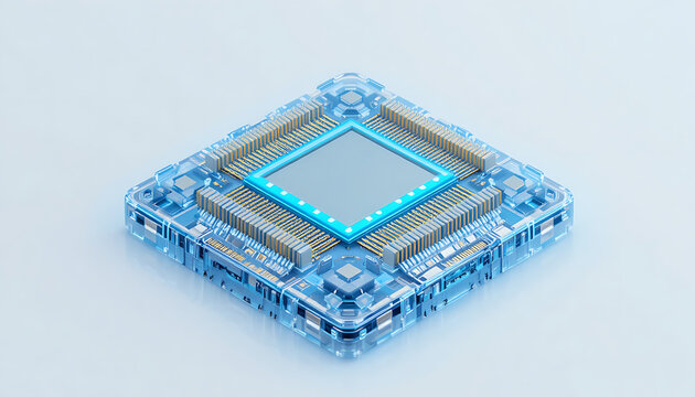 Blue microchip with silver components and light blue border computer chip electronic component