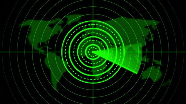 Abstract radar screen digital interface. Futuristic radar screen interface animation. Futuristic Radar Scan interface with global Map background. on black background.