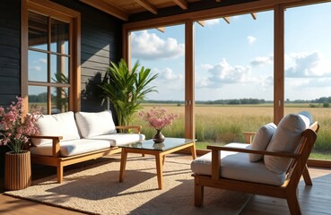 Fototapeta premium Modern wooden outdoor seating area with white cushions. Glass-top table holds pink flowers. Large windows show a scenic golden field and blue sky.