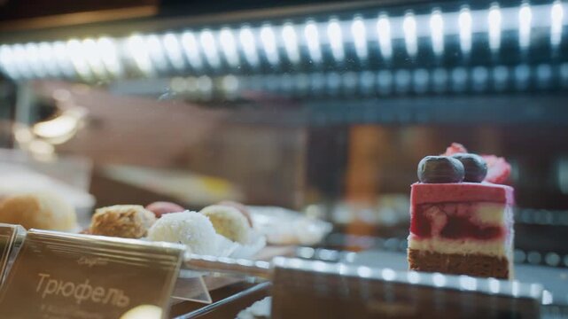 Pink berry cake under led light, glass refrigerated case with packaged dessert tubs, cool blue neon highlights, reflective surfaces, layered sponge and cream, takeaway vibe, retail label visible,