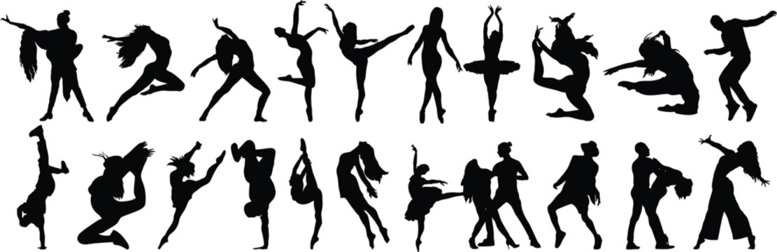 Set of black silhouettes of dancers. many different poses and movements of ballet dancers