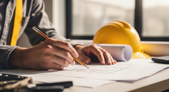 Construction planning business concept architect reviewing blueprints for successful project management