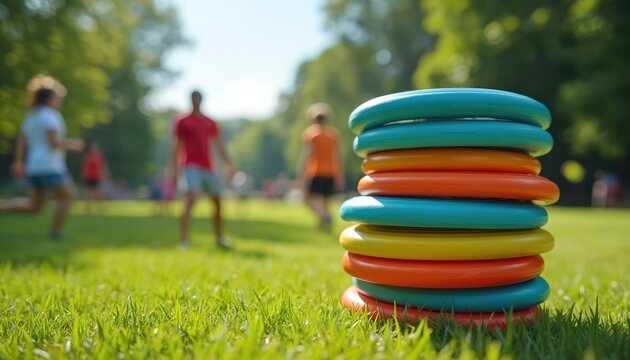Stack of colorful frisbees sits on green grass. Blurred people play ultimate frisbee game in park on sunny day. Fun outdoor activity for children and adults.