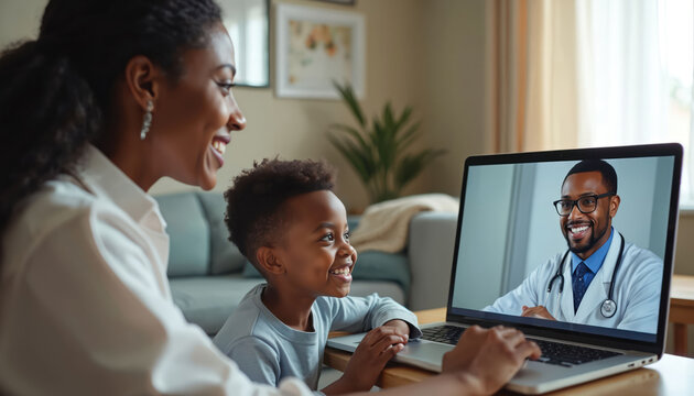 African american mother and son smile during virtual doctor visit. Doctor on laptop screen talks to family. Telemedicine consultation from home.