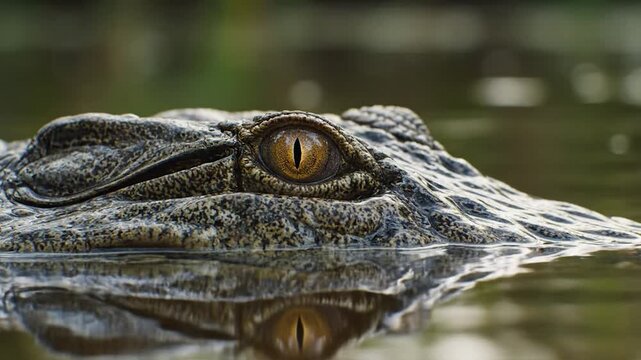 Close up of an alligators eye emerging from murky water.
