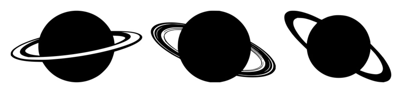 Planet set with black silhouette of a ringed world on a white background featuring planet, rings, space with astronomy and celestial