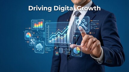 Obraz premium Businessman interacting with digital growth charts and business icons