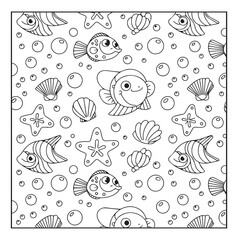 Fototapeta premium Abstract seamless pattern of fish, seashell and starfish hand-drawn doodles coloring page design for kids and adults