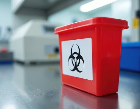 Red biohazard sharps container sits on metal lab counter. Medical waste bin with biohazard symbol ready for safe disposal of sharp instruments and needles.