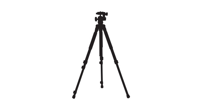 A black silhouette of a professional camera tripod on a white background