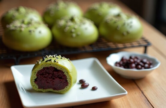 Green matcha buns with red bean paste filling and sesame seeds sit on white plate. One bun cut showing dense paste inside. More buns rest on wire rack.
