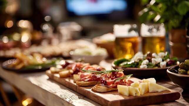 Gourmet charcuterie board with prosciutto, cheese, olives, and beer