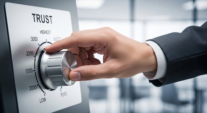 A hand adjusts a large, gray dial labeled "TRUST" on a control panel. The dial has markings indicating levels from "LOW" to "HIGHEST", with "6000" as the maximum value.