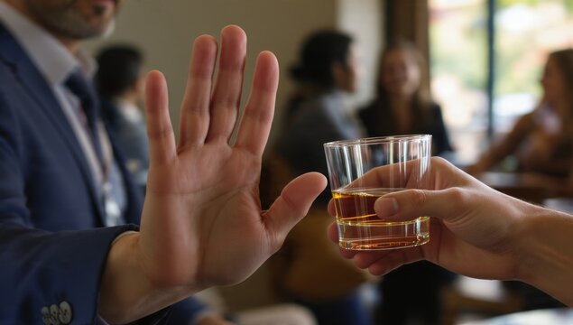 Firm refusal of whiskey in social gathering indoor bar candid moment casual atmosphere close-up perspective personal choice and boundaries