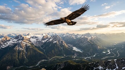 Fototapeta premium Majestic eagle in powerful flight above stunning snow-capped mountain range and vast wilderness landscape under an epic sky