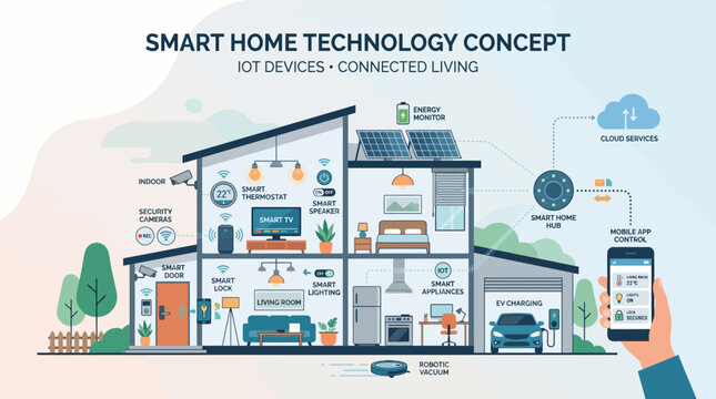 Smart home technology concept with devices.