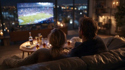 Fototapeta premium Couple enjoys watching an intense football match from their cozy home at night