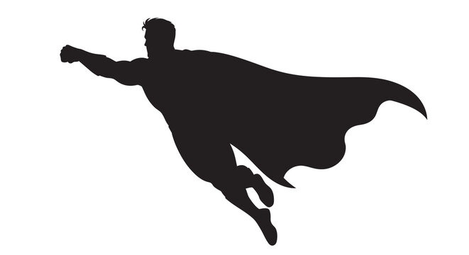 A silhouetted superhero flies through the air with cape billowing