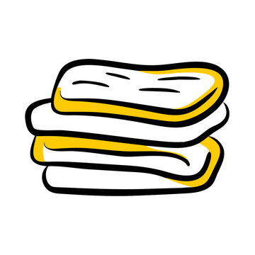 Pile of folded towels with yellow border. Laundry and cleaning concept. Doodle style.
