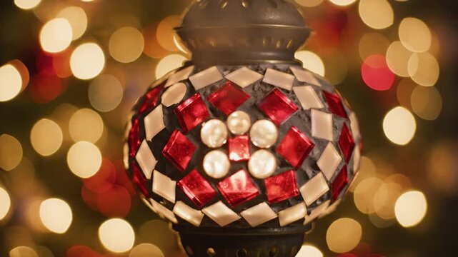 Close-up of decorative mosaic lamp with festive bokeh lights