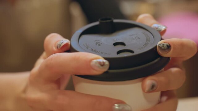 Fingertips press cup lid. Manicured fingers place cover securely. Carefully applying lid on foamfilled disposable cup. Stylish hands precisely fix lid onto hot and fresh beverage container