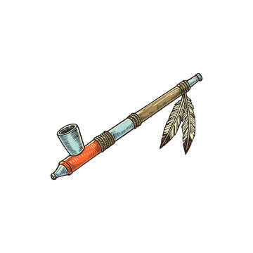 Ceremonial Peace Pipe with Feather Detail Illustration
