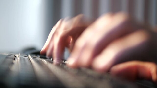 Close-up of hands typing fast on computer keyboard for business, software development, and online communication concept