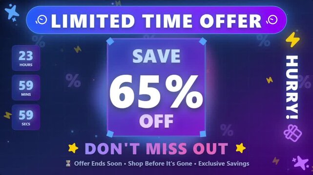 Limited time offer banner with 65 percent off discount, countdown timer for flash sale promotion, neon blue and purple marketing graphic