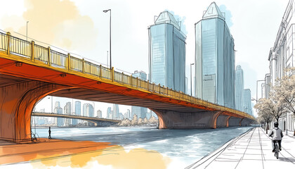 Fototapeta premium Orange bridge spans over blue water with modern city skyscrapers in background. Artist sketch style shows urban cityscape with person cycling on pavement, trees line street.
