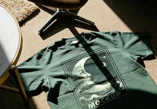 Vintage Aesthetic Green T-Shirt Mockup with Sunlight Shadows