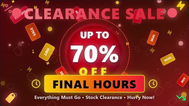 Clearance sale motion graphic with 70 percent off discount text, final hours retail promotion banner, red and yellow marketing video background