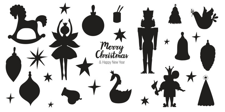  Nutcracker. Silhouette. Set. Magic vector illustration. Elements. Poster. Transparent background.