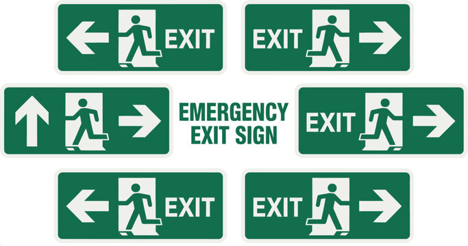 Emergency evacuation directions building safety sign emergency exit route arrow vector illustration design