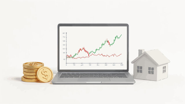 Laptop with financial graph coins and house model