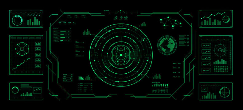 Sci-fi cockpit with HUD interface. Glowing green sci-fi control interface with central radar, data panels, charts, Earth Globe visualization. HUD cybersecurity, military concept. Vector cockpit UI